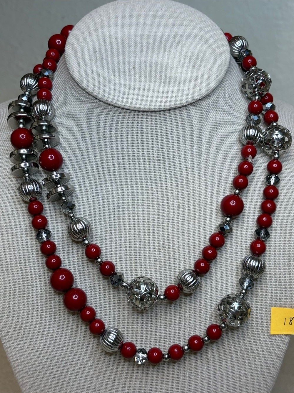 Contemporary Red & Silver Beaded Statement Necklace
